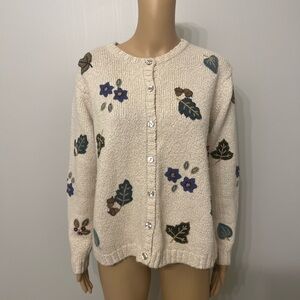 Talbots Women’s Vintage Linen Cotton Fall Leaves Knit Cardigan Sweater M Petite